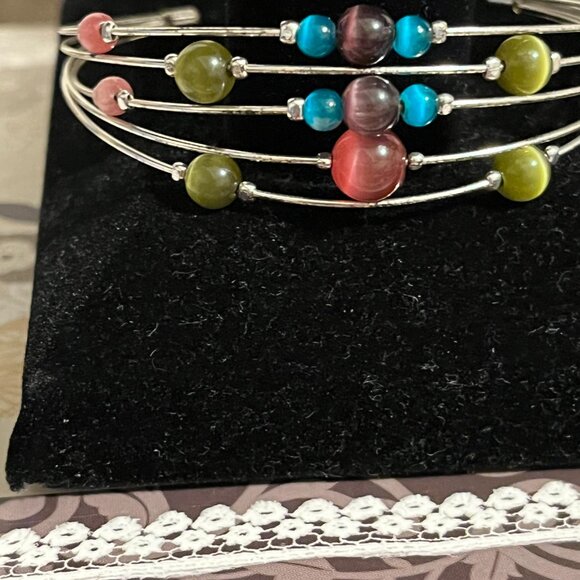 Silver tone Cuff Bracelet with Tiger Eye Beading in Various Colors - Picture 3 of 10